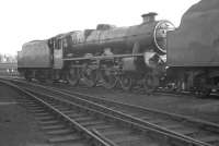 'Jubilee' no 45596 <I>Bahamas</I> photographed on Upperby shed in June 1962. The locomotive had been fitted with the double chimney the previous year, something which altered its appearance considerably [see image 29033]. Following withdrawal by BR in July 1966 no 45596 was purchased for preservation by the Bahamas Locomotive Society.<br><br>[K A Gray 07/06/1962]