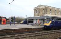 HST and DMU front ends at Swindon station on 22 March 2012.<br><br>[Peter Todd 22/03/2012]