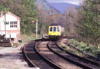 Token exchange at Llanrwst signal box on the Blaenau Ffestiniog branch in the spring of 1990.<br><br>[Ian Dinmore 13/05/1990]