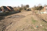 The station site at Newtongrange on 26 March 2012. View is north towards the road bridge carrying the A7. The original Newtongrange station stood on the other side of the bridge [see image 24342].<br><br>[John Furnevel 26/03/2012]