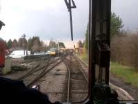 Looking over the driver's shoulder as a single car diesel unit approaches Toddington from the South on 18 March 2012. The steam service from Winchcombe was much more popular that day.<br><br>[Ken Strachan 18/03/2012]