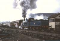 The Strathspey Railway's 828 masquerading as 'Donald the Tank Engine' at Aviemore on 26th September 1993.<br><br>[Frank Spaven Collection (Courtesy David Spaven) 26/09/1993]