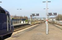 Looking towards Landore from the end of the platforms at Swansea (formerly Swansea High Street) on 23 March, with 43139 newly arrived on the rear of a service from Paddington. On the right the entrance to Maliphant carriage sidings can be seen - still used for overnight servicing of stock but empty during the day. [See image 18589] <br><br>[Mark Bartlett 23/03/2012]