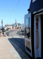 A new <I>Flexity</I> tram waits to leave Fleetwood Ferry on Day 2 of scheduled services since reopening of the tramway after refurbishment. Just ahead of the tram is the curve where the first scheduled service on Day 1 was derailed due to a build up of sand in the track. However services were quickly back on schedule.<br><br>[Mark Bartlett 05/04/2012]