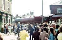 Stanier Pacific no 6201 <i>Princess Elizabeth</i> passing over Masons Arms level crossing, Shildon, in September 1975 as part of the celebrations commemorating the 150th anniversary of the Stockton & Darlington Railway. The upstairs window of the Masons Arms itself looks like the ideal vantage point for an enthusiast with a camera on such an occasion.   <br><br>[John Thorn //1975]