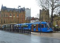 Sheffield <I>Supertram</I> no 111 calls at 'Cathedral' on a wet Monday in April 2012.<br><br>[Bruce McCartney 09/04/2012]