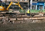 Engineers in Edinburgh's West Maitland Street on 11 April 2012 have unearthed this 'linear feature' - surely a part of the old tramway system - and are busy removing it. Not rails, as might appear, but troughs.<br><br>[Bill Roberton 11/04/2012]