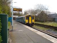 Sprinter 150237 runs slowly through Penybont 'request stop' Station on the Heart of Wales line with the 10.31 service to Swansea. <br><br>[David Pesterfield 12/04/2012]