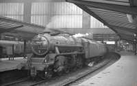 The 4.37pm Carlisle - Bradford prepares to commence its journey on 24 August 1963. At the head of the train is Black 5 no 44671.<br><br>[K A Gray 24/08/1963]