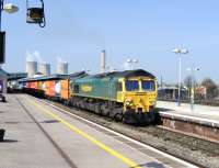 Freightliner 66556 eastbound through Didcot towards London on 29 March with a freight from Avonmouth Docks.<br><br>[Peter Todd 29/03/2012]