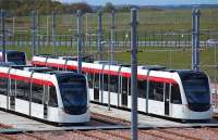 Gogar Tram Depot from the public footpath alongside the A8, on 24 April 2012.<br><br>[Bill Roberton 24/04/2012]