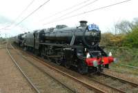 The late running 'Great Britain V' special approaching Troon on 25 April 2012 behind 45305+45407.<br><br>[John Steven 25/04/2012]