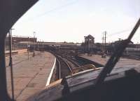 Driver's eye view from the cab of 40092 at Southport (Chapel St) in 1982. This wasn't as exciting as it might first seem as the Class 40 was a static exhibit at a Rail Festival in the station. A Cravens DMU can be seen in the carriage sidings beyond the now demolished signal box and some of the then new Class 507 EMU stock stabled to the right.<br><br>[Mark Bartlett 11/09/1982]