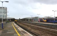 A view west at Plymouth on 20 April 2012 with a charter train for Penzance on platform 4, a Cross Country Voyager on platform 5 waiting to head north and a First Great Western HST on platform 6 preparing to leave for Paddington.<br><br>[John McIntyre 20/04/2012]