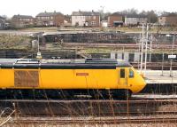 The rear end of the Network Rail test train photographed about to run south through  Carstairs station on 17 April 2012. The trailing vehicle in the formation is power car no 43062 <I>'John Armitt'</I>. <br><br>[John Furnevel 17/04/2012]