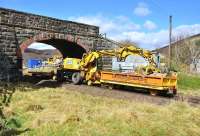 One of the pair of road-rail vehicles being used to transport rocks from the south side of Slochd Viaduct to the landslip site on 28 April 2012 [see image 19235].<br><br>[John Gray 28/04/2012]
