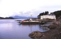 The sleek lines of CalMac's Kyle-Kyleakin ferry contrast with British Transport Hotel's rather functional looking Lochalsh Hotel in summer 1974.<br><br>[David Spaven //1974]