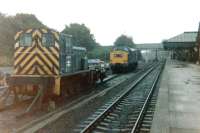 Platform scene looking north at Berwick station in October 1979. Standing in the siding is 03170 along with an unidentified class 37. The shunting locomotive has since been preserved. [See image 20993]<br><br>[Colin Alexander /10/1979]