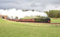 Rebuilt 'Royal Scot' no 46115 <I>Scots Guardsman</I> pictured south of Gleneagles on 24 April with the 'Great Britain V'.<br><br>[John Gray 24/04/2012]