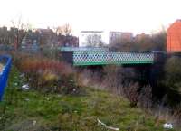 This location in Leicester adjacent to the GC wagon works [see image 38121] has seen a lot of changes since the GC route closed. These two former railway bridges over the River Soar - the near one to the GC Leicester goods yard, the far one for the GC main line - are now a footpath and cycle path respectively. View looks North West in March 2012.<br><br>[Ken Strachan 11/03/2012]