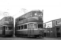 A photograph taken in August 1962, during the last week of operations. A couple of Coronation Mk 2s (a.k.a Cunarders) standing at the Route 9 terminus at Dalmuir West.<br><br>[Colin Miller /08/1962]