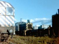 A few diesel shunting locomotives stand around in an area once occupied by Gresley Pacifics. Scene at Gateshead MPD in November 1980.<br><br>[Colin Alexander /11/1980]