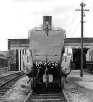 A head-on view of 'Sir Nigel Gresley' in repose at Steamtown, Carnforth, on 8th May 1977, the weekend after it took up residence there<br><br>[Bill Jamieson 08/05/1977]