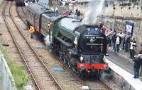 A1 No. 60163 Tornado prepares to take water at Perth prior to backing onto an Inverness bound railtour. <br>
<br><br>[John Robin 19/05/2012]