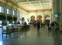 Waterfront station is the main transit terminus in downtown Vancouver, used by the Skytrain Millennium, Expo and Canada lines, the West Coast Express suburban service to Mission and the Seabus catamaran across the Burrard Inlet to North Vancouver. The spacious concourse is seen here on 11 May 2012. [See image 39091]<br>
<br><br>[Malcolm Chattwood 11/05/2012]