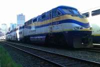 Scene in the sidings in downtown Vancouver on 11 May 2012 showing  one of the West Coast Express double deck push-pull units.  Five trains run inbound to Vancouver from Mission in the morning, lay up in sidings during the day and return to Mission in the late afternoon/early evening. [See image 39070]<br><br>[Malcolm Chattwood 11/05/2012]