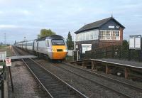 43277 leads an East Coast HST set acclerating west into the setting sun through Broomfleet, East Yorkshire. The signalman kindly advised me the train was due as it wasn't in the timetable and I think may be an ECS working from Hull of an earlier arrival from Kings Cross.  <br><br>[Mark Bartlett 20/05/2012]