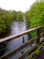 After passing through the now infilled tunnel [see image 39079], passengers for Keswick crossed the River Greta at an angle, on an inverted bowstring girder bridge. This view looks South West along the river on 14 May - a bit of a damp day.<br><br>[Ken Strachan 14/05/2012]