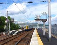 View from the platform end at Gourock on 1 June 2012. Platforms 2 and 3 are the same length - the 7 coach 380 just fits No. 2 - but Platform 1, from which the photograph is taken, is considerably longer. <br><br>[Colin Miller 01/06/2012]