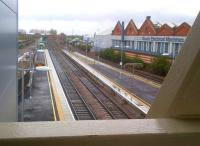 The new 'Olympic length' platforms at Loughbrough Midland, seen looking North from the new footbridge on 27 April 2012, with a lift tower visible on the left and the Brush works standing on the right. [See image 30501 for an earlier view from the old footbridge]<br><br>[Ken Strachan 27/04/2012]