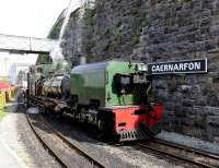 Beyer-Garratt locomotive no 143 rounding a curve at Caernarfon on the Welsh Highland Railway en route to Porthmadog in June 2012. Welsh Highland Railway<br><br>[Peter Todd /06/2012]