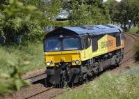 Colas Rail 66847 coasts downhill between Dunfermline Queen Margaret and Dunfermline Town with the second of two (route learning?) trips from Stirling via Alloa on 18 June. A new traffic flow perchance?<br><br>[Bill Roberton 18/06/2012]