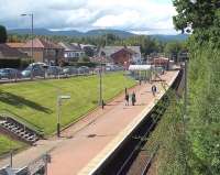 Platform scene at Balloch on a fine 19 June 2012 looking north towards Loch Lomond.<br><br>[Andrew Wilson 19/06/2012]