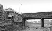 View past Bridgeton Central signal box towards the former terminus on 24 February 1990. [See image 8308]<br><br>[Bill Roberton 24/02/1990]