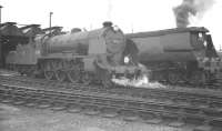 'King Arthur' class 4-6-0 no 30798 <I>Sir Hectimere</I> stands alongside 'Battle of Britain' Pacific no 34051 <I>Winston Churchill</I> on Salisbury shed in August 1960.<br><br>[K A Gray 09/08/1960]