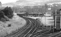 An Ilkley to Bradford Forster Square train approaches Shipley station on the east side of the triangle in September 1974. As can be seen clearly here there were no platforms on the northern side of the triangle at that time. [See image 40729]<br><br>[Bill Jamieson 21/09/1974]