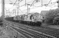 Iron ore from Hunterston Terminal to Ravenscraig Steelworks is hauled out of Mossend Yard by 37099, 37010 and 37210 on 7 June 1990.<br><br>[Bill Roberton 07/06/1990]