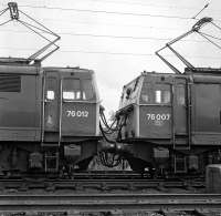 Close up of Nos. 76 012 and 76 007 coupled together in the sidings at Wombwell Main Junction on 17th July 1981. <br><br>[Bill Jamieson 17/07/1981]