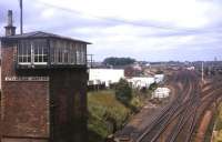 Looking north west towards Carstairs station from the road bridge overlooking the former Strawfrank Junction in 1971 - three years before electrification and resignalling work transformed the whole area. The junction is now known as Carstairs South. [See image 36657]<br><br>[David Spaven //1971]