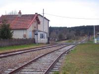 At St Alyre d'Arlanc the AGRIVAP tourist line crosses the D999 road at the southern end of the station. Scene on 28 April 2012 looking towards La Chaise Dieu with the main line on the left and a works siding to the right. [See image 42870]<br><br>[Andrew Wilson 28/04/2012]