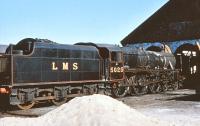 LMS 5025 outside Aviemore shed on 16 April 1981, awaiting the paint brush.<br><br>[Peter Todd 16/04/1981]