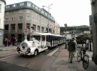 Closed after a fire in 1936 (shades of the Crystal Palace!), the Jersey <br>
Railway is today commemorated in the route of the 'Petit-Train' road train, seen here in July 2012.<br><br>[John Yellowlees /07/2012]