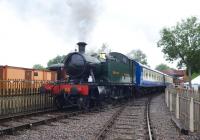 GWR Prairie tank no 5521 is visiting the Swindon and Cricklade Railway for two months. Here it is at Hayes Knoll on its first and very rainy day's work on 14 July 2012. (This is the engine that has spent time in Poland and other exotic locations.)<br><br>[Peter Todd 14/07/2012]