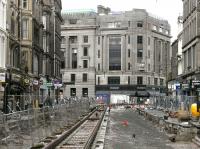 Looking east along Shandwick Place on 28 July 2012 with one tram track now in place and connected to the Princes Street section.<br><br>[Bill Roberton 28/07/2012]