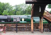 Bulleid Pacific no 34053 <I>'Sir Keith Park'</I> standing alongside the station at Bridgnorth on 2 August 2012.<br><br>[Peter Todd 02/08/2012]