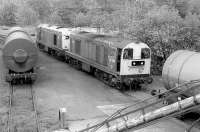 20198+20211 shunting CO2 tanks in the sidings at Cameron Bridge on 10 October 1990.<br><br>[Bill Roberton 10/10/1990]